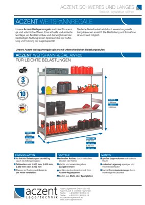 Produktblatt für Weitspannregale von Aczent Lagertechnik Screenshot des Produktblattes über Weitspannregale von Aczent Lagertechnik (Weitspannregal AW400, Weitspannregal AW700, Weitspannregal AW 1000)