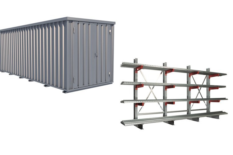Schnellbaucontainer und Kragarmregal von Aczent Lagertechnik